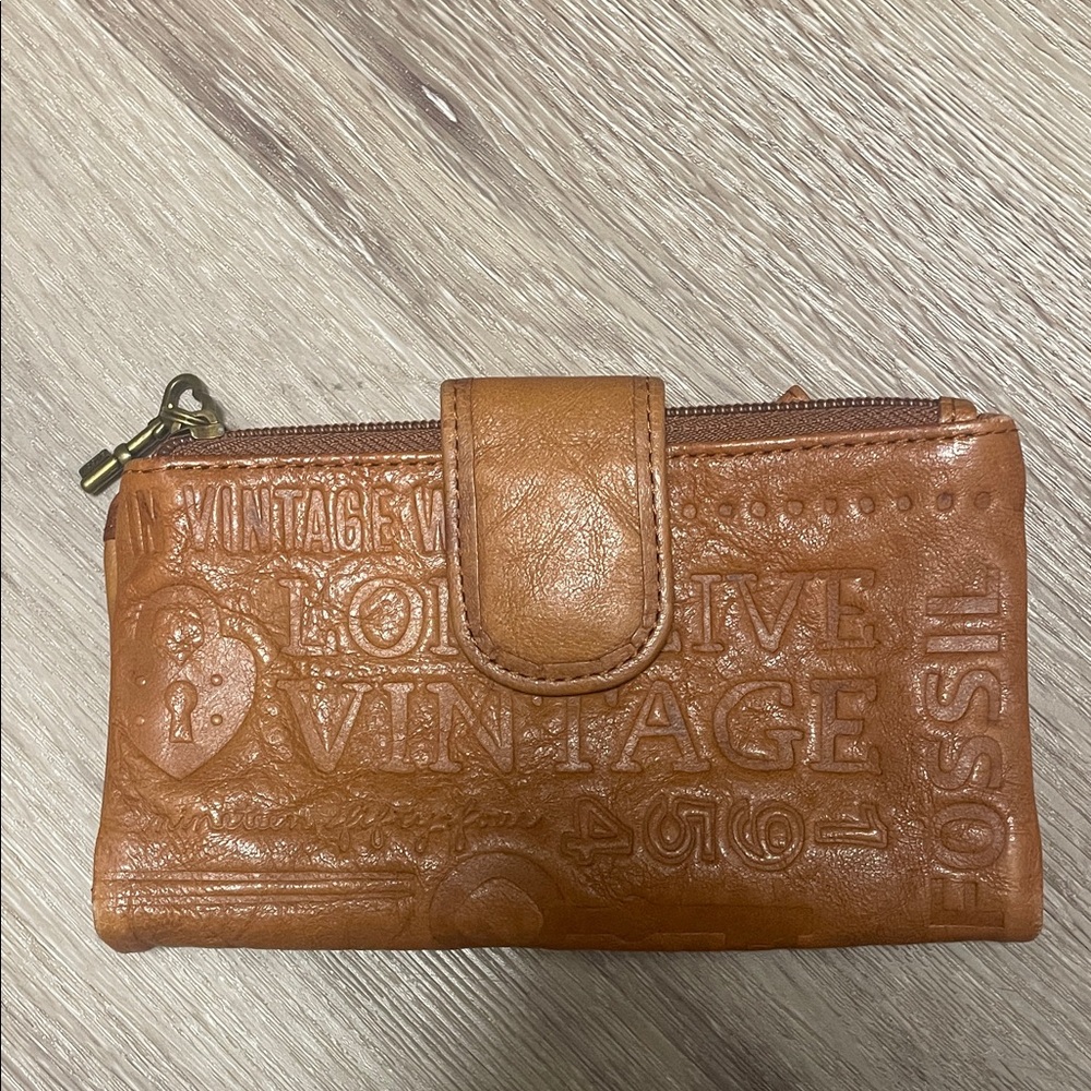 NEW Fossil Tan Leather Wallet with Gold Zipper